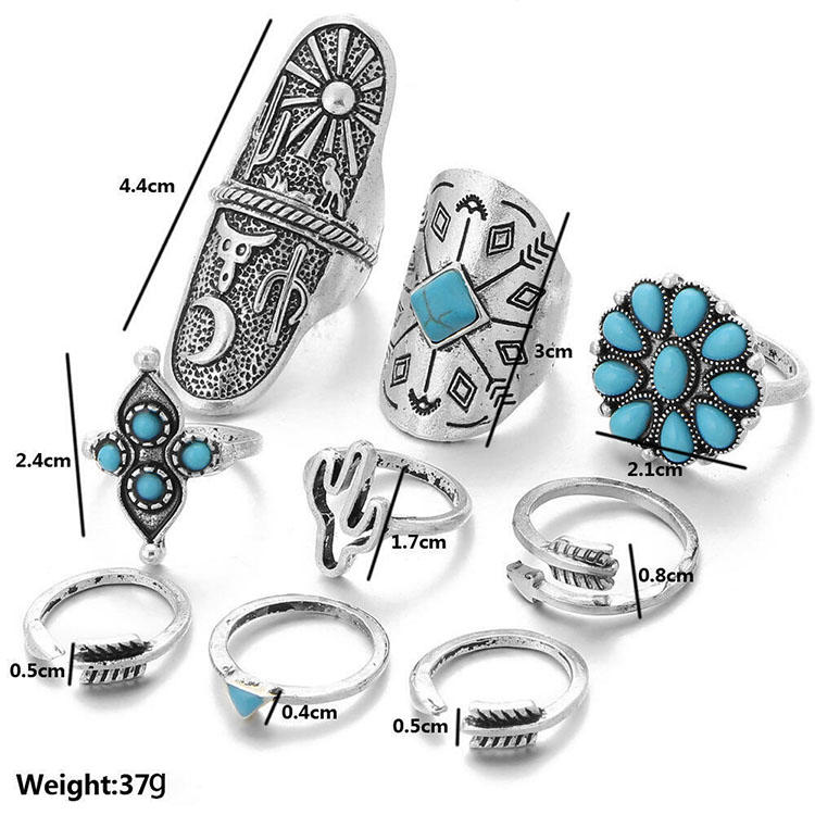 9Pcs Bohemia Turquoise Vintage Ring