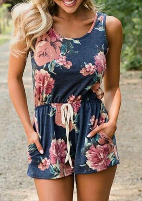 

Jumpsuits & Rompers Floral Elastic Waist Drawstring Pocket Romper in Deep Blue. Size: ,XL