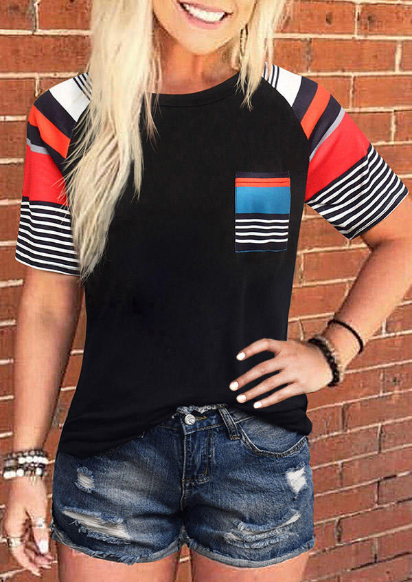 

T-shirts Tees Colorful Striped Pocket O-Neck T-Shirt Tee in Black. Size