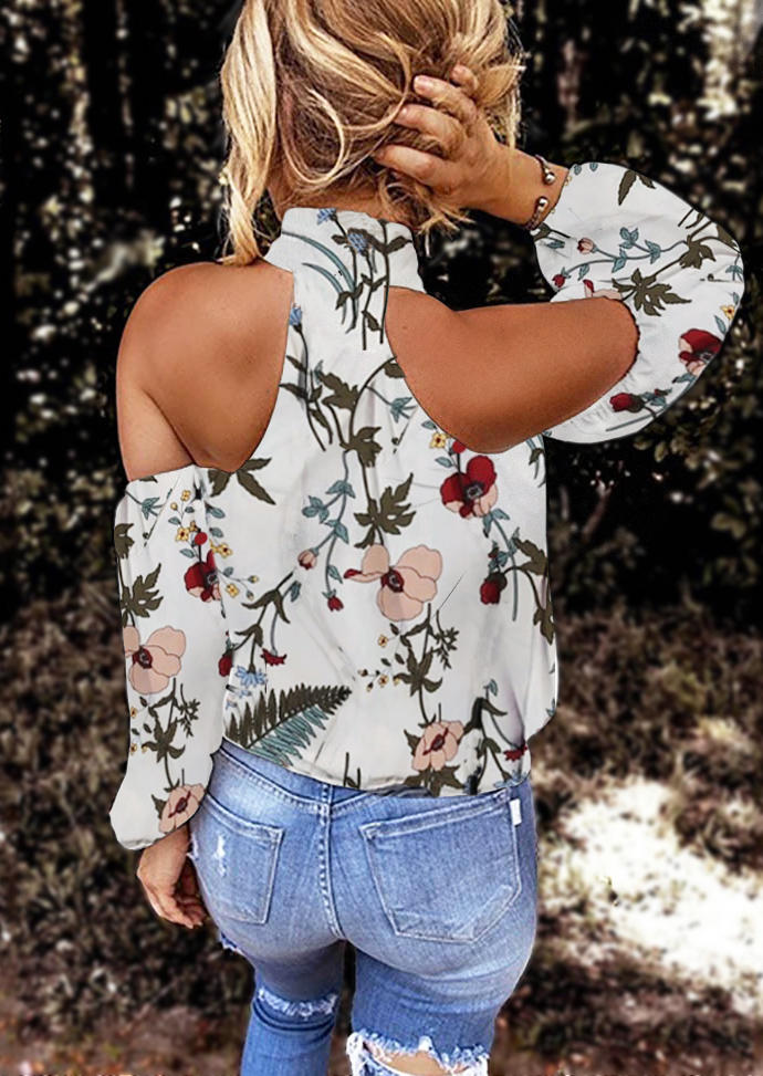 

Blouses Floral Leaf Cold Shoulder Halter Blouse in Multicolor. Size: ,M,L,XL