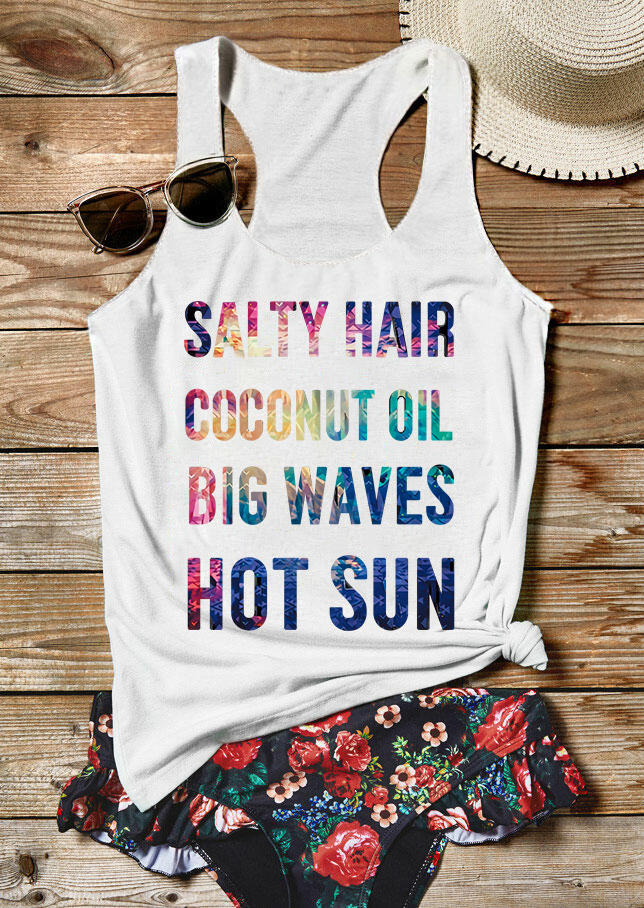 Tank Tops Salty Hair Coconut Oil Big Waves Hot Sun Racerback Tank Top in White. Size: S