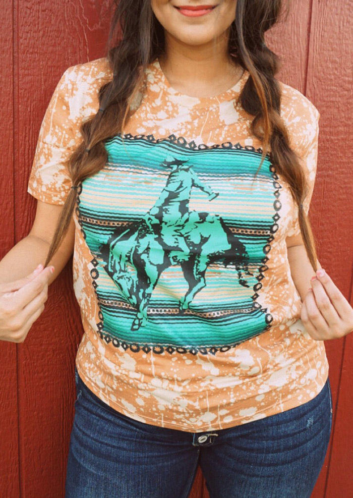 

T-shirts Tees Western Cowboy Bleached O-Neck T-Shirt Tee in Orange. Size