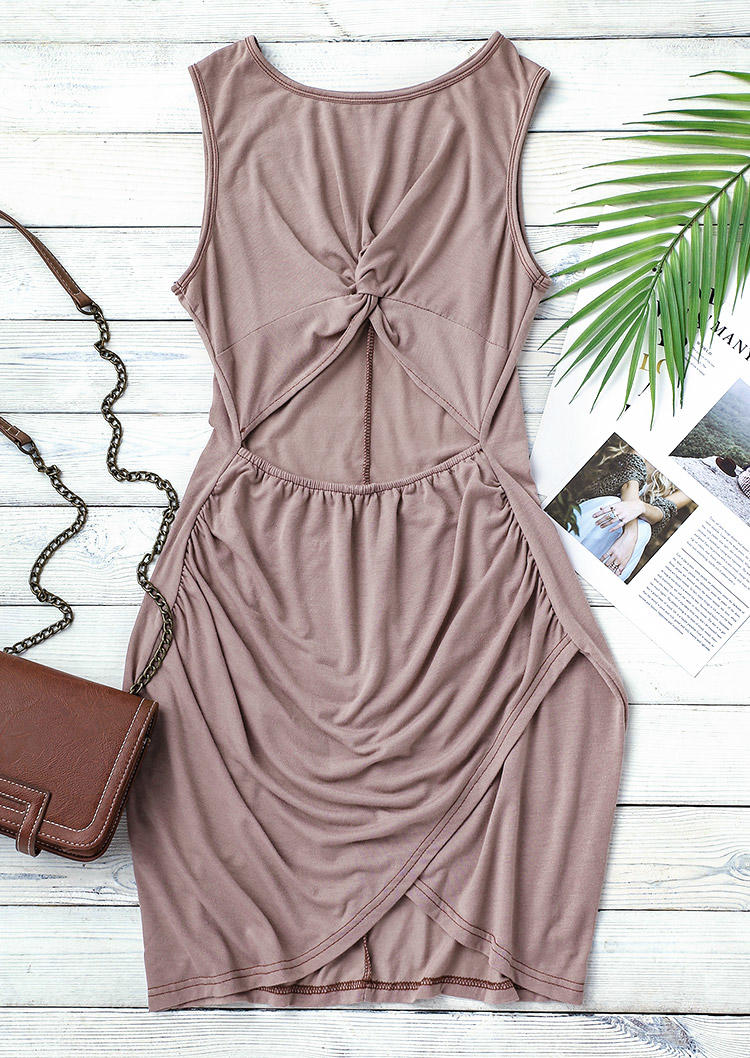Hollow Out Twist Bodycon Dress - Light Coffee