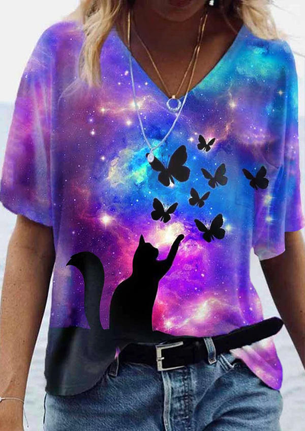 

Blouses Cat Butterfly Star V-Neck Blouse in Multicolor. Size
