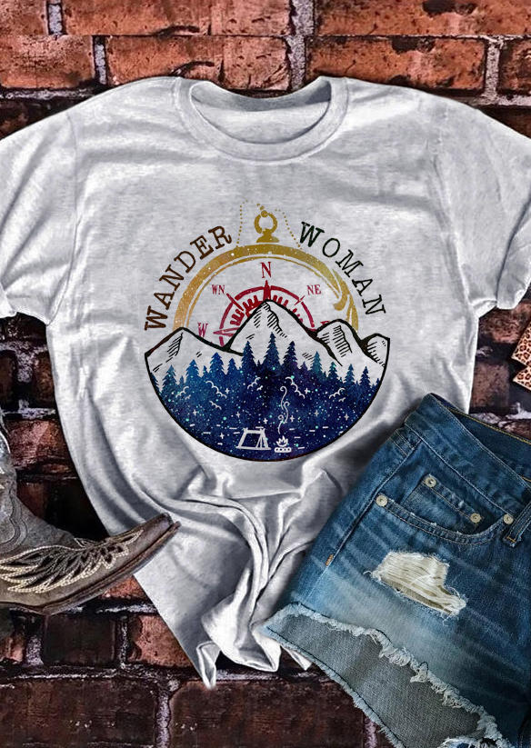 

T-shirts Tees Wander Woman Mountain Camping T-Shirt Tee in Light Grey. Size