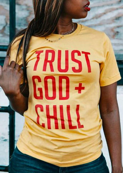 T-shirts Tees Trust God + Chill O-Neck T-Shirt Tee in Yellow. Size: L
