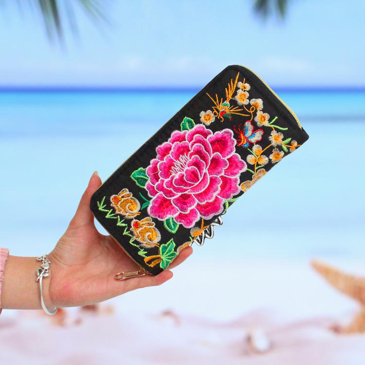 

Purse & Wallet Ethnic Style Embroidered Floral Smartphone Key Canvas Wallet in Peach Red. Size