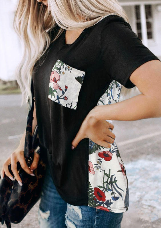 

Blouses Floral Splicing Pocket Casual Blouse in Black. Size