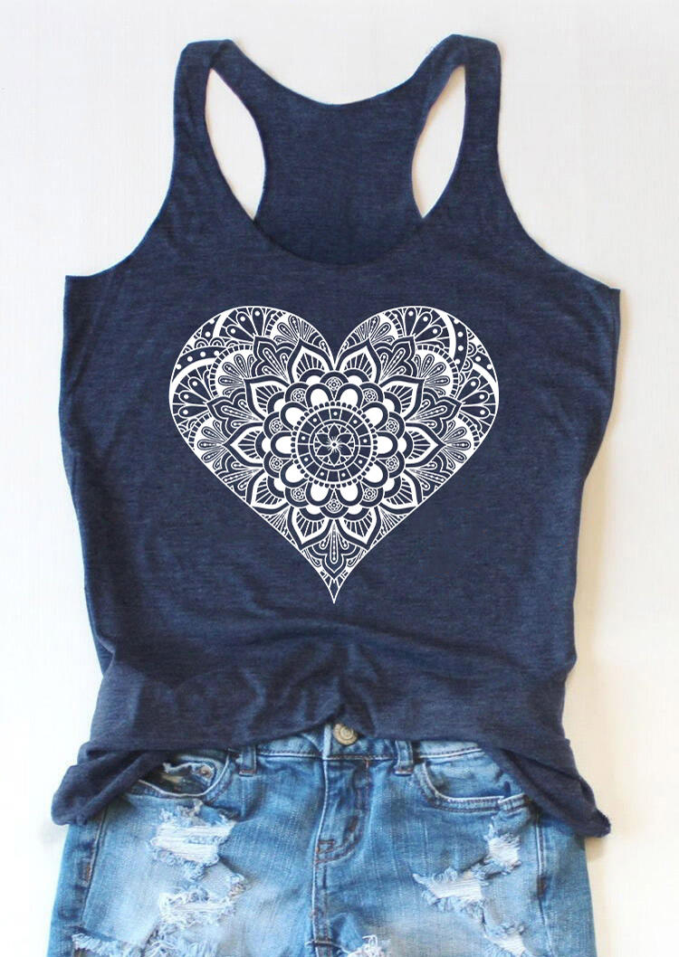 

Tank Tops Mandala Heart Racerback Casual Tank Top in Navy Blue. Size