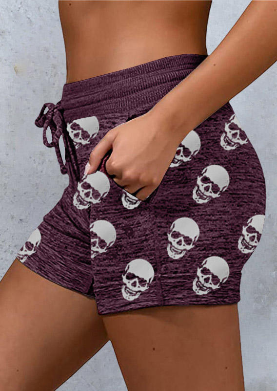 

Shorts Skull Drawstring Elastic Waist Pocket Sports Shorts in Plum. Size