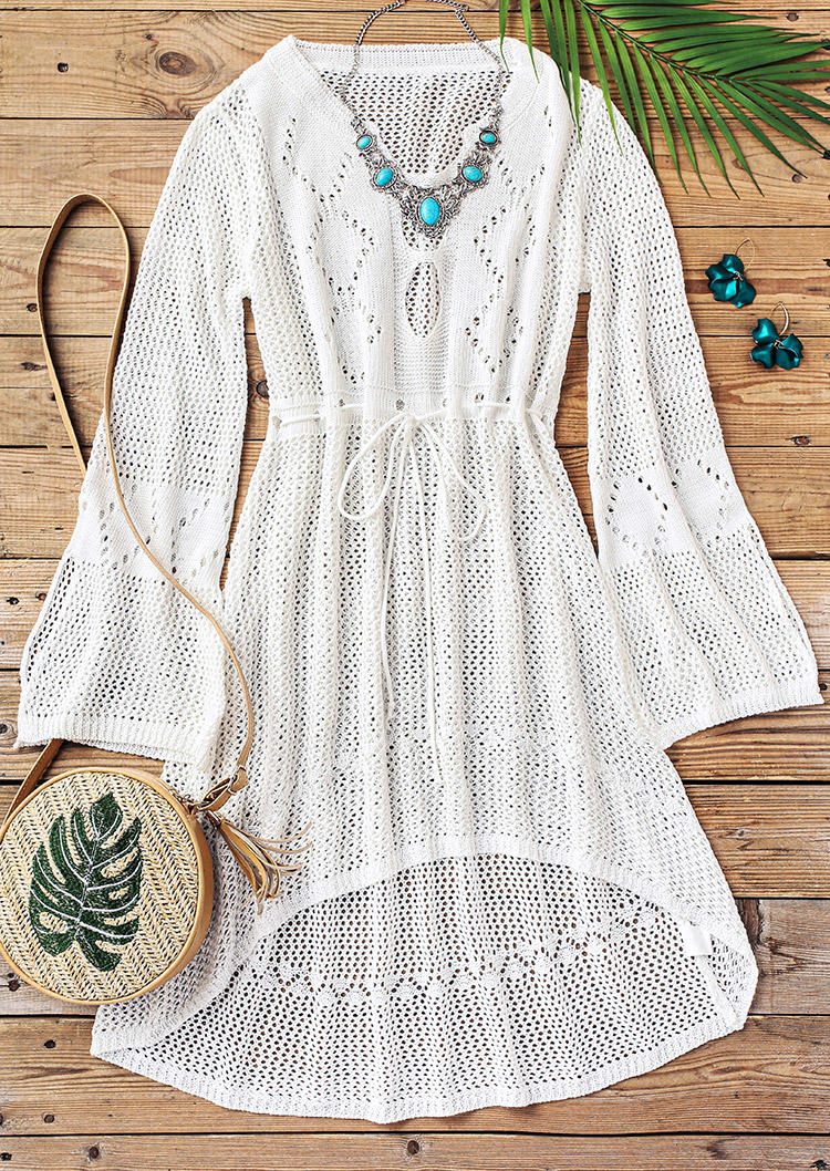

Cover Ups Hollow Out Drawstring Asymmetric Cover Up in White. Size