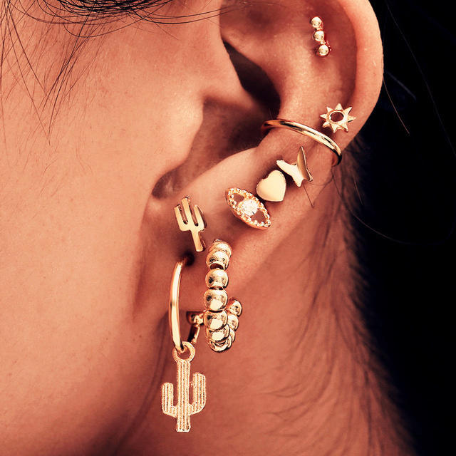 

Earrings 9Pcs Cactus Heart Butterfly Stud Earrings Set in Gold. Size