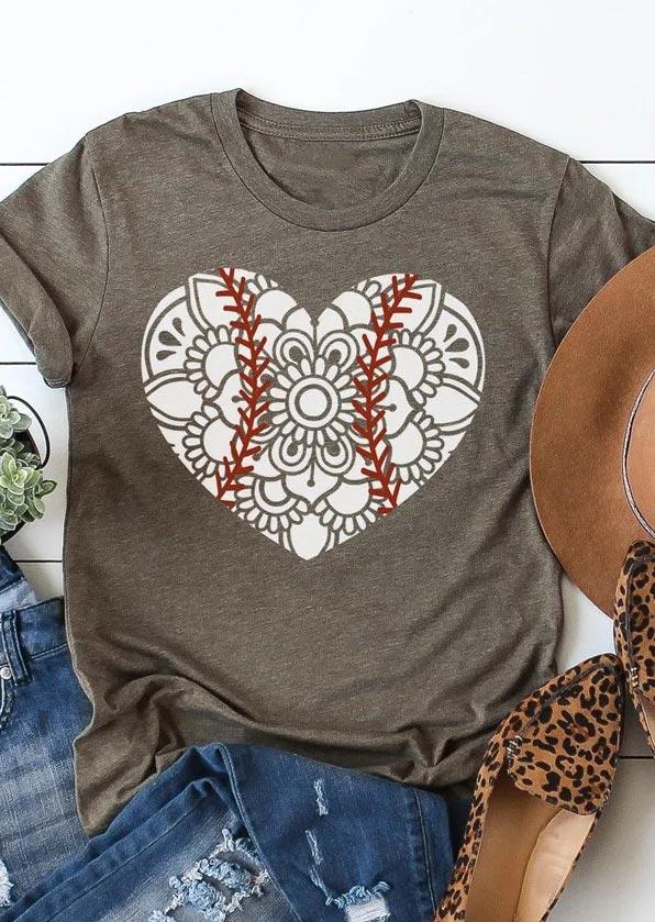 

T-shirts Tees Baseball Mandala Heart T-Shirt Tee in Light Coffee. Size: ,M,L