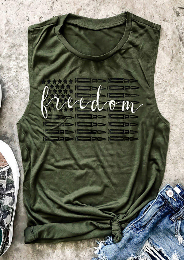 Tank Tops Freedom American Flag O-Neck Tank Top in Army Green. Size: S