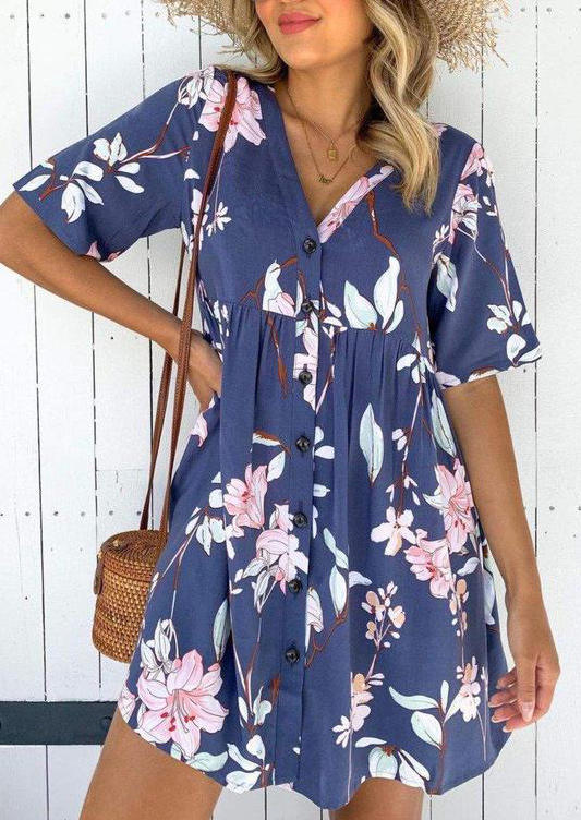 

Mini Dresses Floral Ruffled Single Button V-Neck Mini Dress in Blue. Size: ,L
