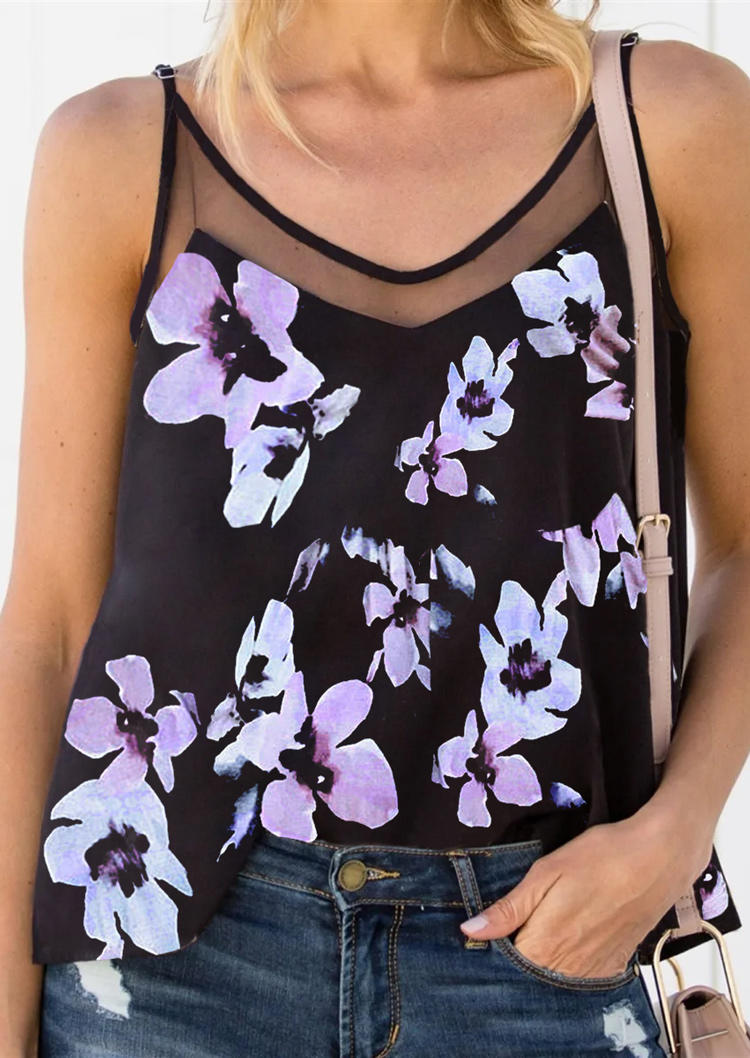 

Tank Tops Floral Mesh Splicing Adjustable Strap Camisole in Black. Size: S,,L