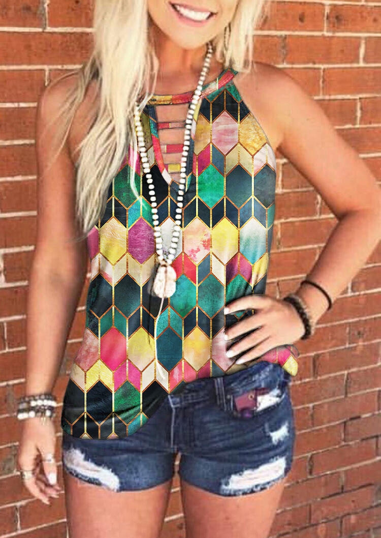 

Tank Tops Colorful Geometric Hollow Out Casual Tank Top in Multicolor. Size