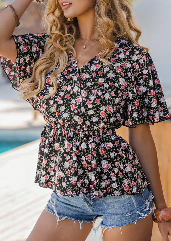

Blouses Floral Ruffled Elastic Waist V-Neck Blouse in Black. Size