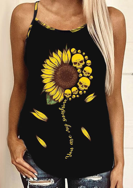 

Tank Tops Sunflower Skull You Are My Sunshine Criss-Cross Camisole in Black. Size