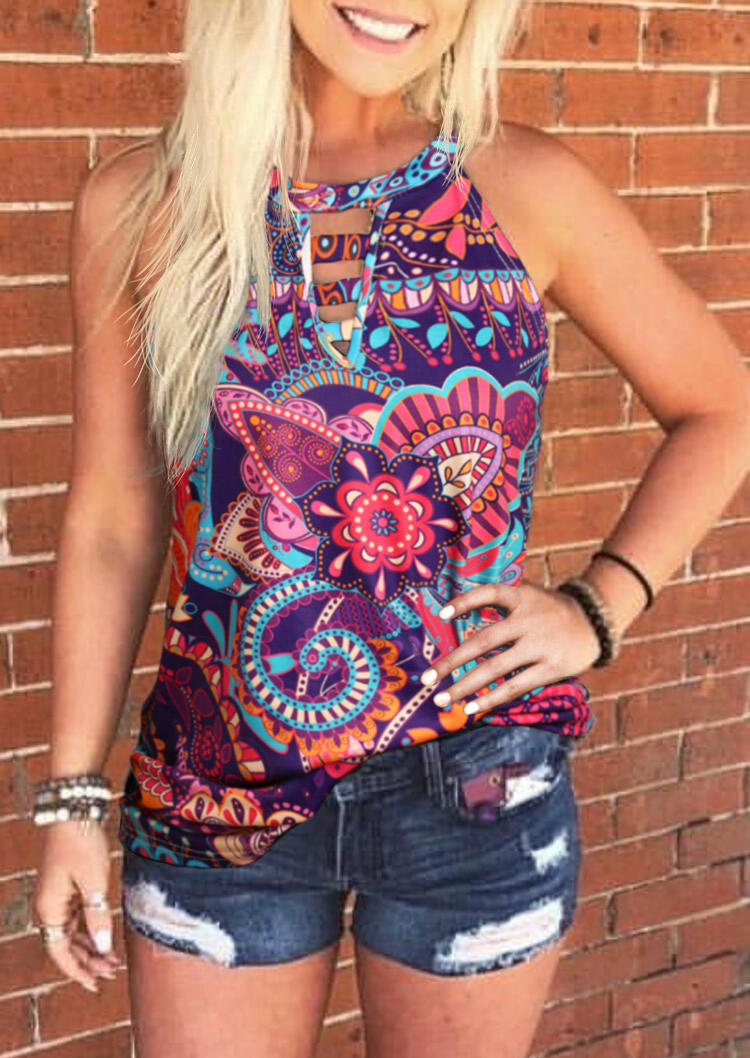 

Tank Tops Mandala Floral Hollow Out Casual Tank Top in Multicolor. Size: ,M