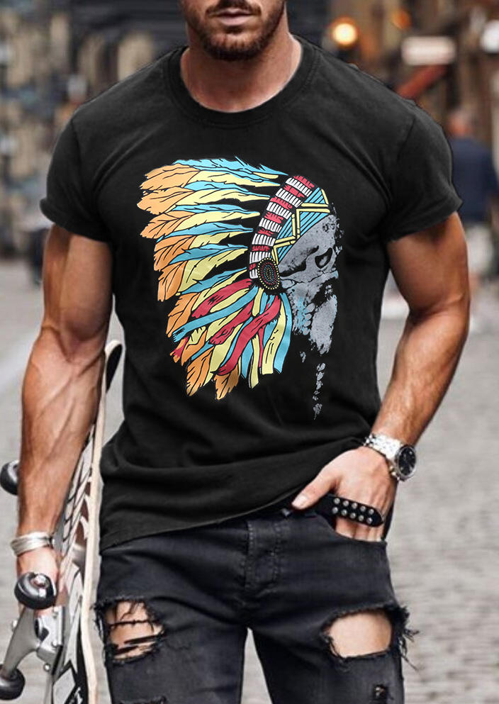 

T-shirts Tees Men Indian Chief O-Neck T-Shirt Tee - Black in Black. Size