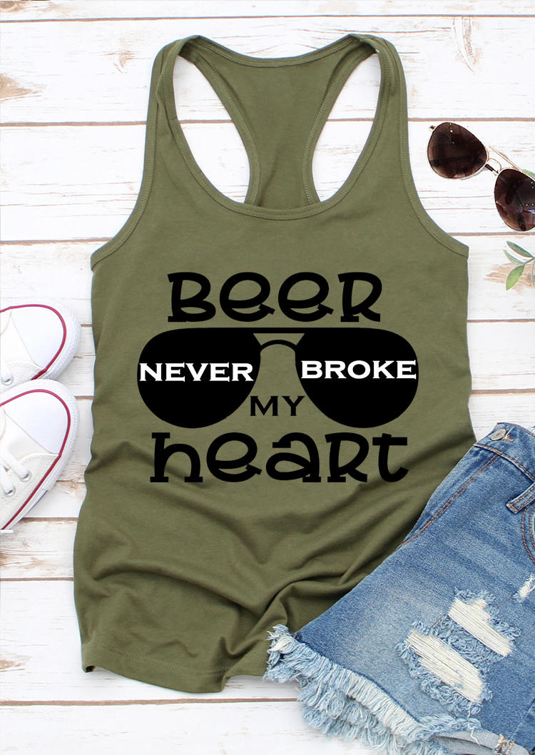 

Tank Tops Beer Never Broke My Heart Glasses Racerback Tank Top in Army Green. Size