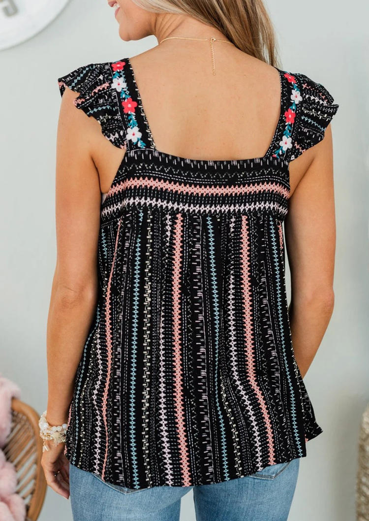 

Tank Tops Vintage Floral Striped Ruffled Square Collar Tank Top in Black. Size