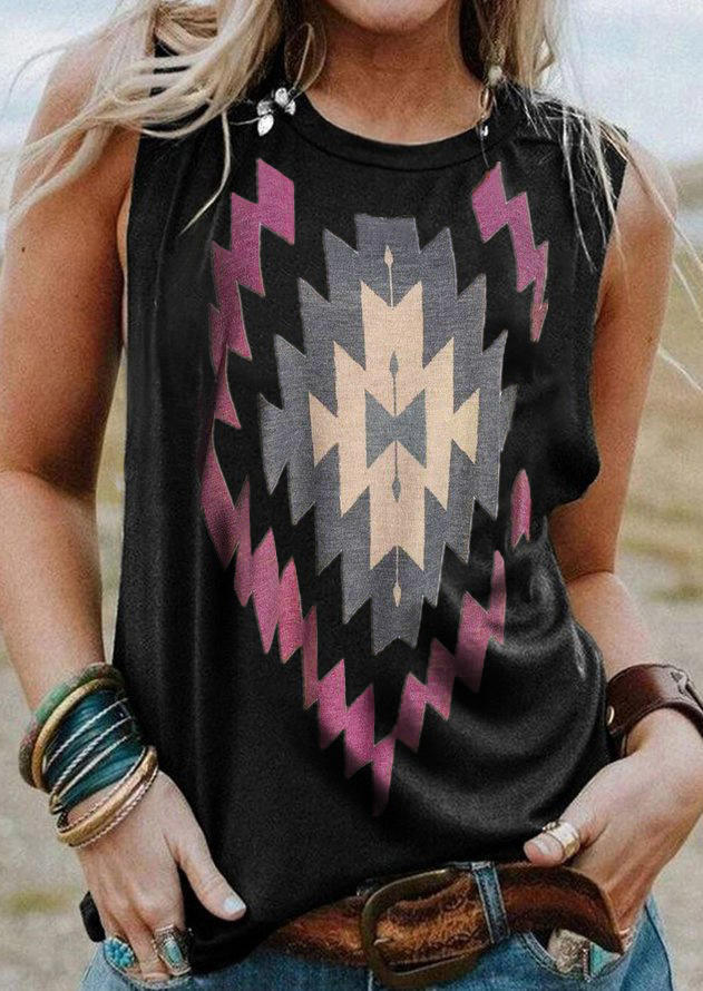 

Tank Tops Vintage Aztec Geometric O-Neck Tank Top in Black. Size