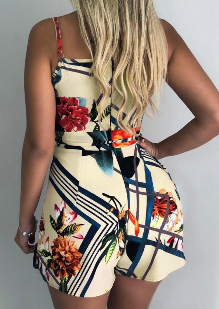 

Jumpsuits & Rompers Floral Wrap Spaghetti Strap Romper with Belt in Light Yellow. Size: ,L