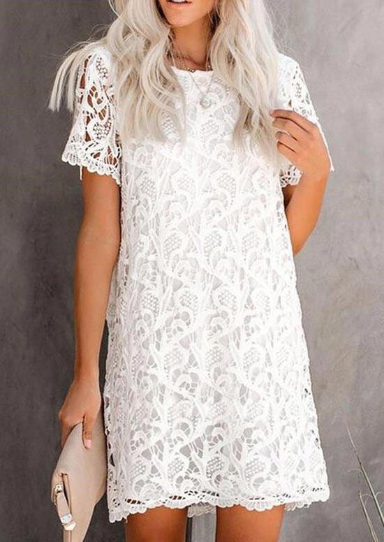 

Mini Dresses Lace Hollow Out O-Neck Mini Dress in White. Size: ,M,L