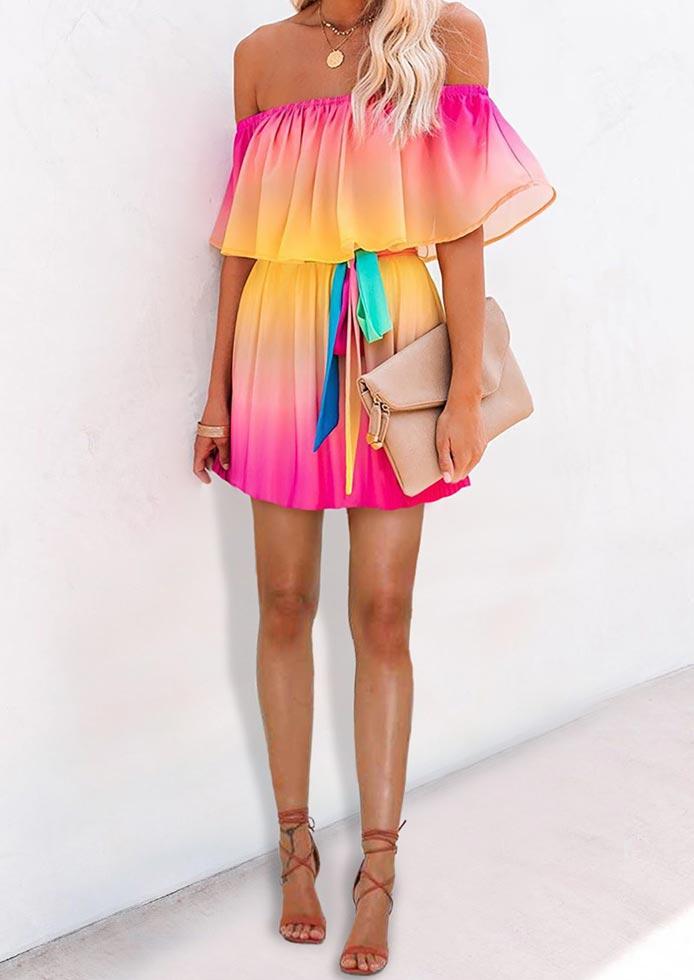 Mini Dresses Colorful Gradient Off Shoulder Layered Mini Dress in Multicolor. Size: S,M,L,XL