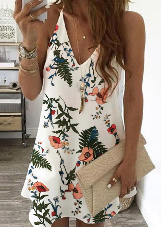 

Mini Dresses Floral V-Neck Spaghetti Strap Mini Dress in White. Size: ,XL