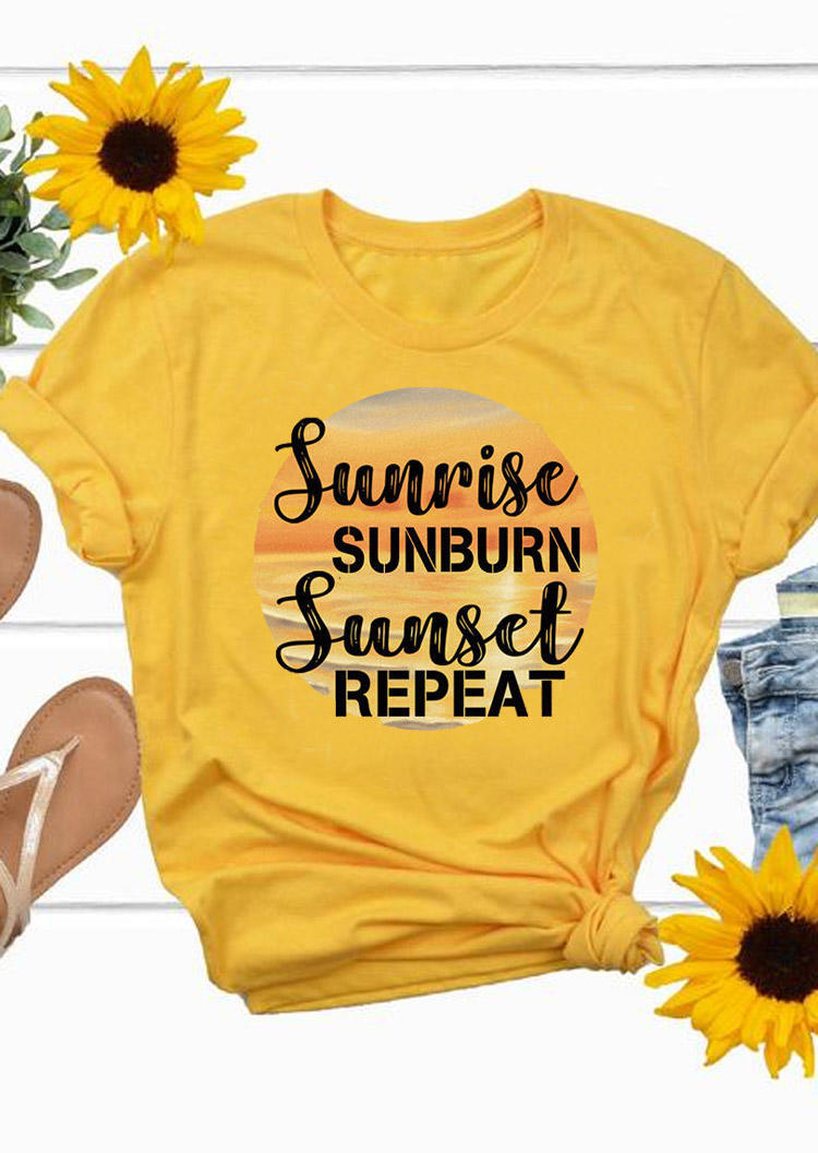 

T-shirts Tees Sunrise Sunburn Sunset Repeat T-Shirt Tee in Yellow. Size: ,M,L