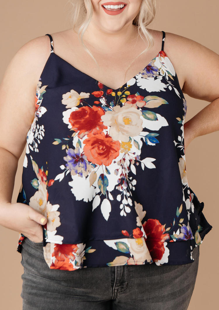 

Plus Size Tops Plus Size Floral V-Neck Layered Camisole in Navy Blue. Size