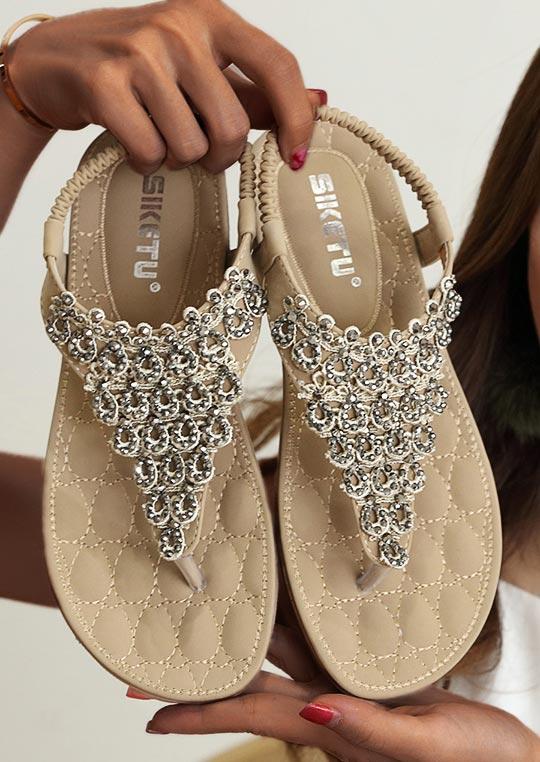 

Sandals Summer Bohemian Rhinestone Slip On Flat Sandals in Light Khaki. Size: ,40