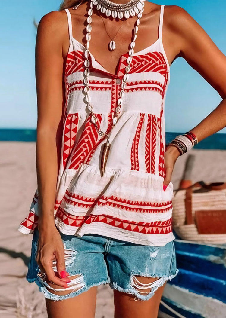 

Tank Tops Aztec Geometric Ruffled Button Camisole in White. Size