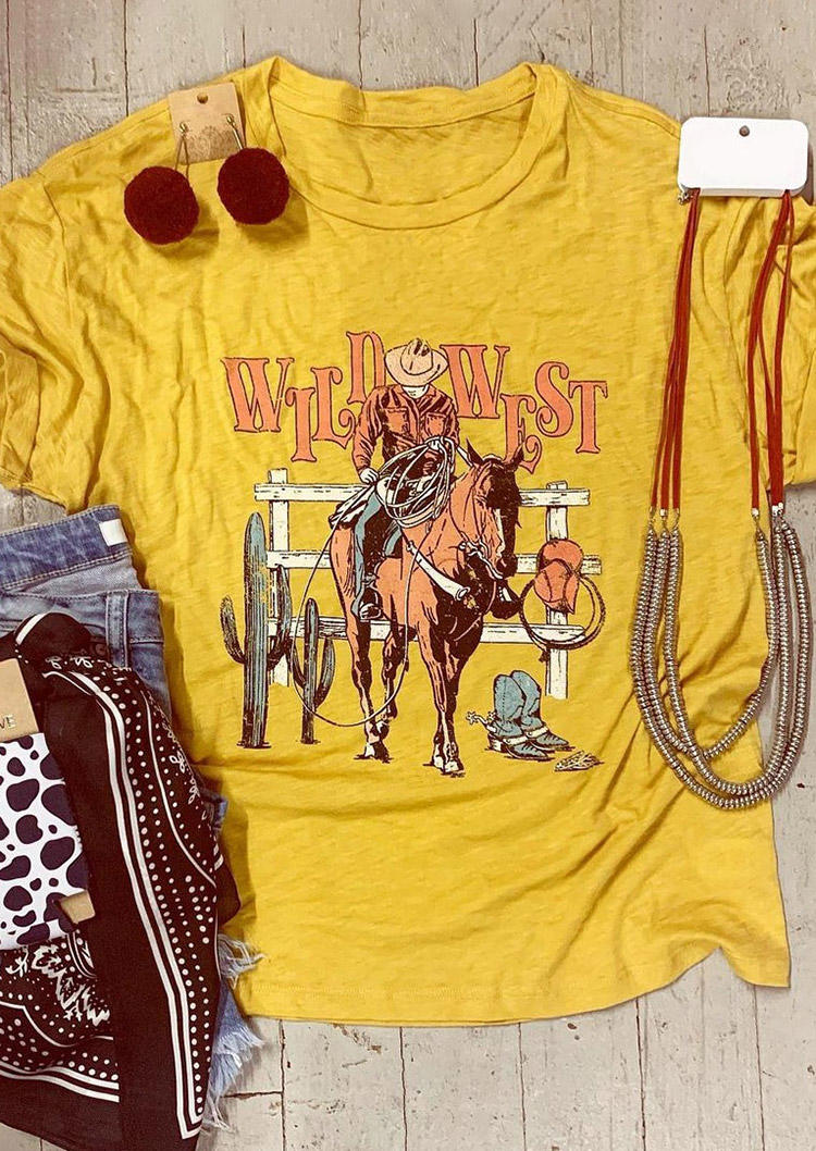 

T-shirts Tees Wild West Cowboy Cactus O-Neck T-Shirt Tee in Yellow. Size