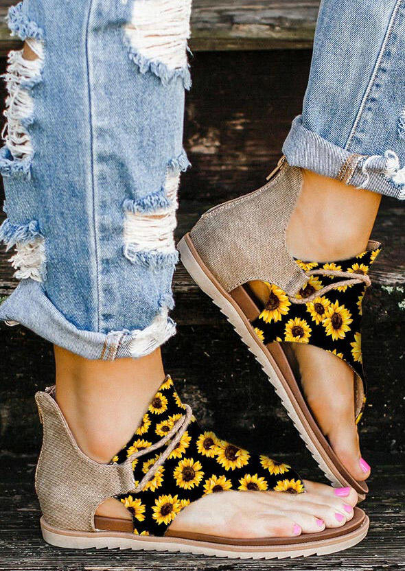 

Sandals Summer Sunflower Zipper Flat Sandals in Yellow. Size: 37,38,39,40,41,42