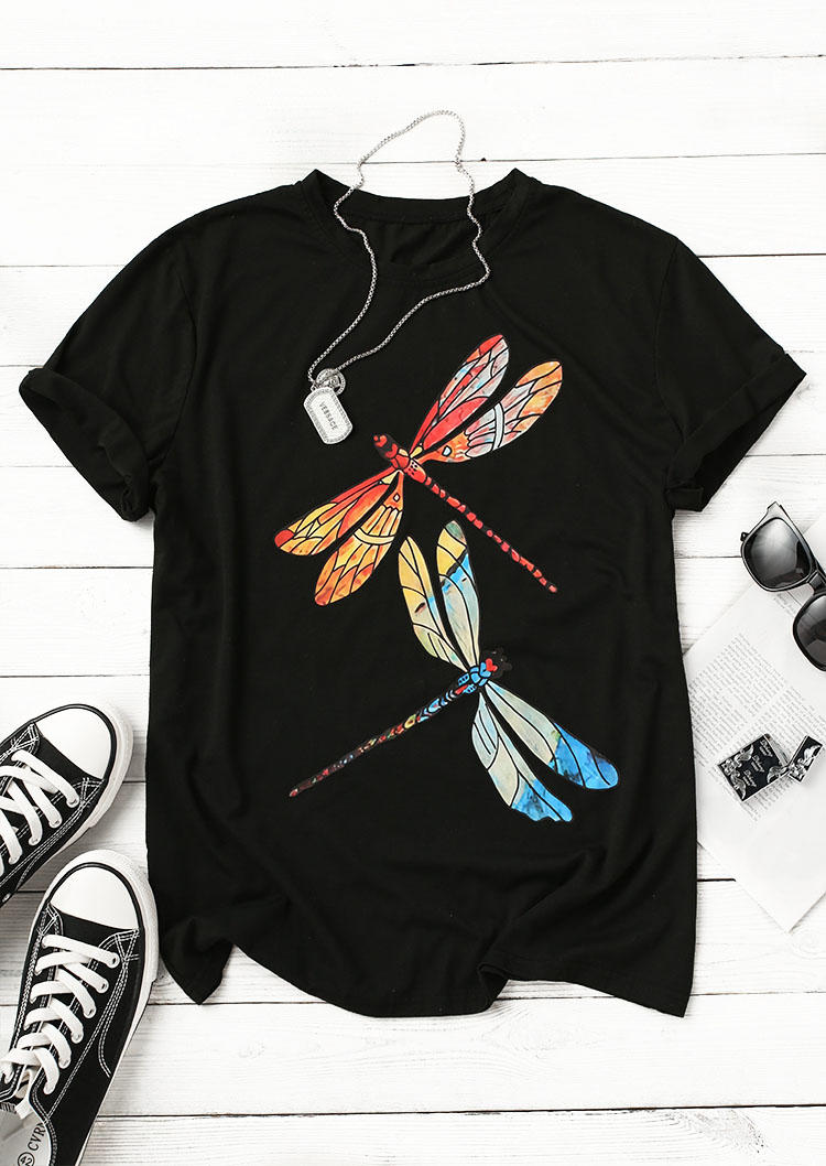 T-shirts Tees Men Colorful Dragonfly O-Neck T-Shirt Tee in Black. Size: L,M,S,XL