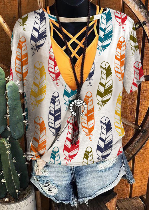

Blouses Colorful Feather Hollow Out Blouse in White. Size