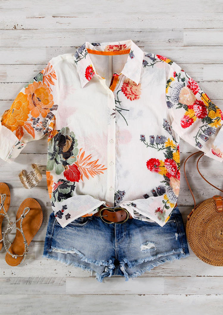 

Shirts Floral Button Short Sleeve Turn-Down Collar Shirt in White. Size: ,M,L,XL
