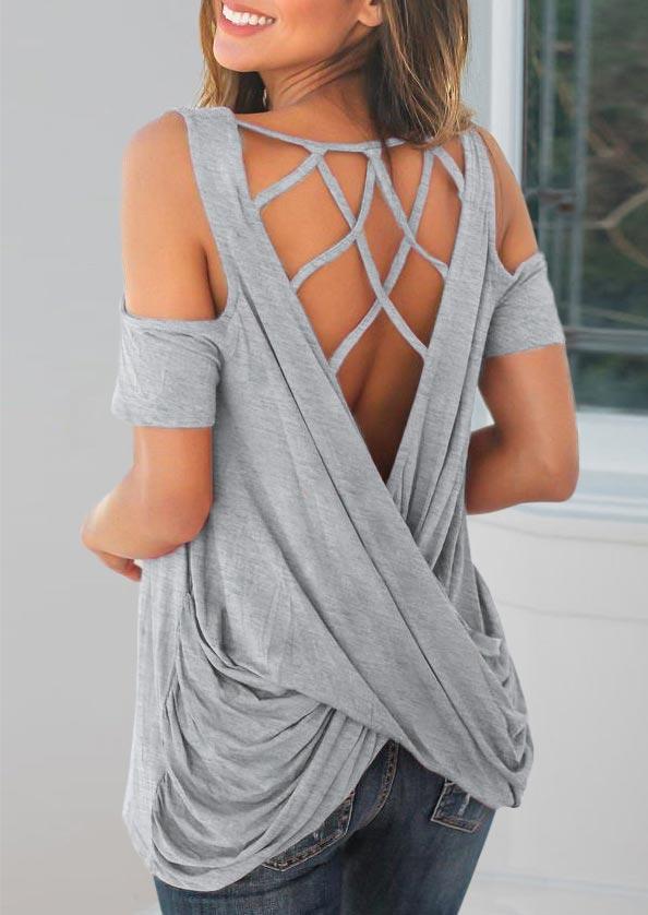 

Blouses Open Back Twist Cold Shoulder Blouse in Gray. Size