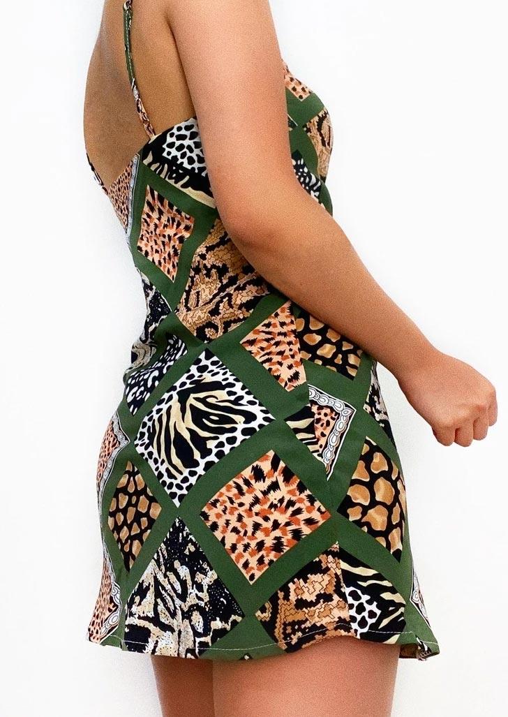 

Mini Dresses Leopard Zebra Slit Spaghetti Strap Mini Dress in Green. Size: L,M