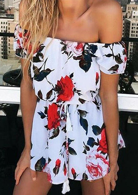 

Jumpsuits & Rompers Floral Off Shoulder Drawstring Romper in White. Size