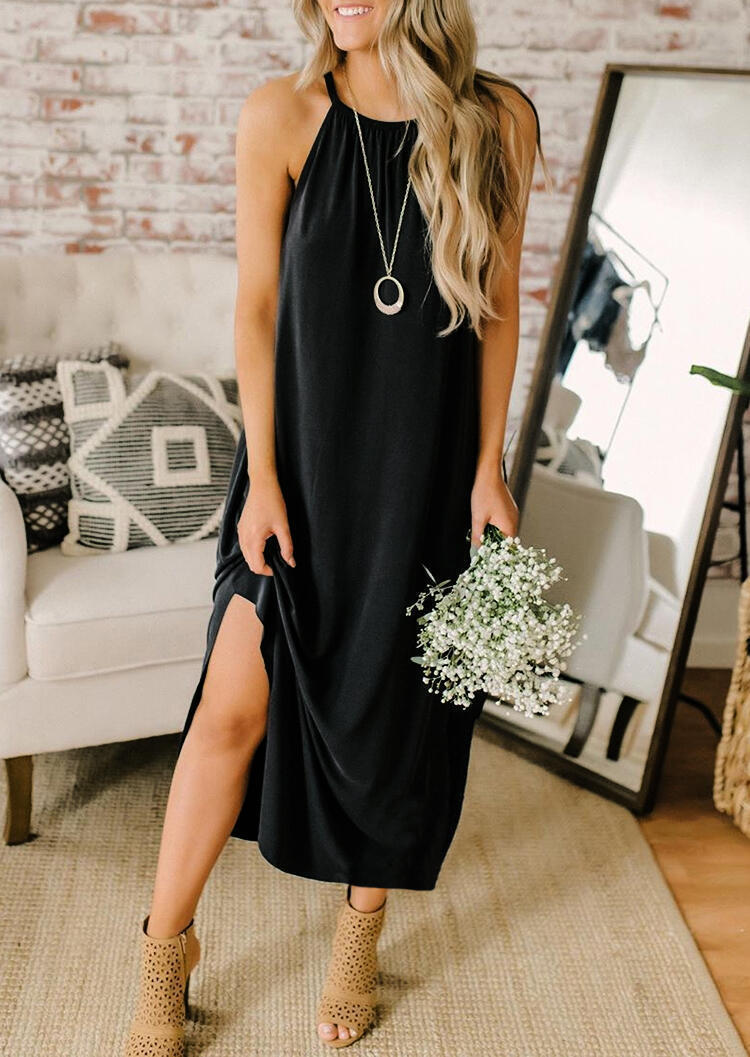 

Midi Dresses Halter Spaghetti Strap Slit Midi Dress in Black. Size