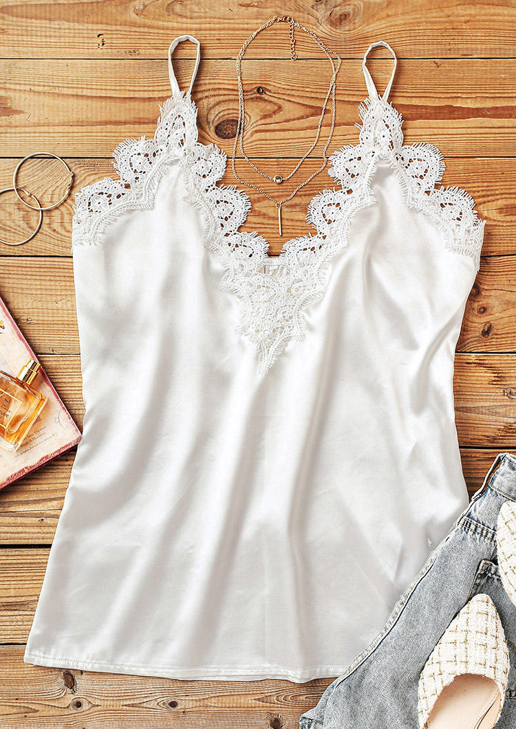 

Tank Tops Lace Splicing V-Neck Camisole in White. Size: ,XL