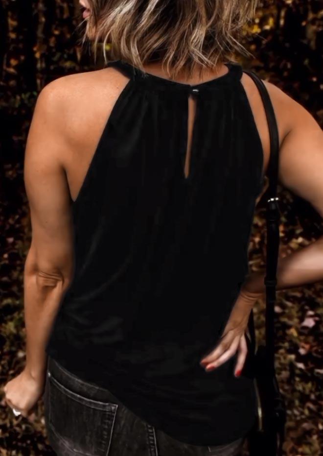 

Tank Tops Hollow Out Ruffled Halter Casual Tank Top in Black. Size: ,XL