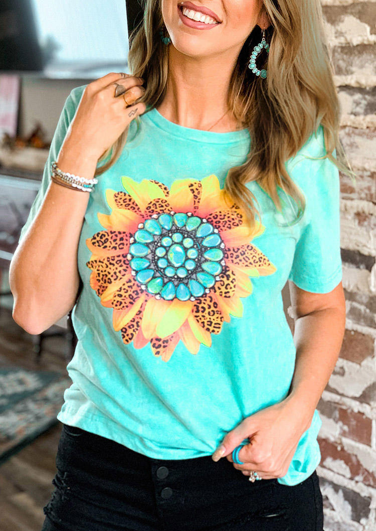 T-shirts Tees Leopard Turquoise Sunflower O-Neck T-Shirt Tee - Cyan in Blue. Size: M,S,XL