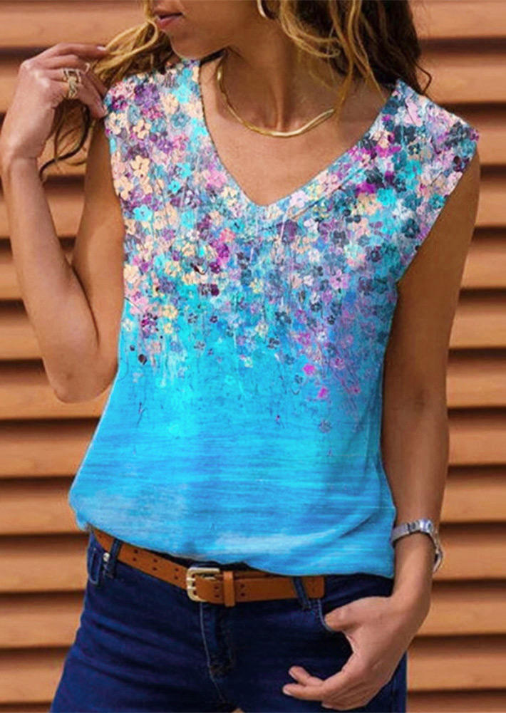 

Tank Tops Floral V-Neck Casual Tank Top in Blue. Size