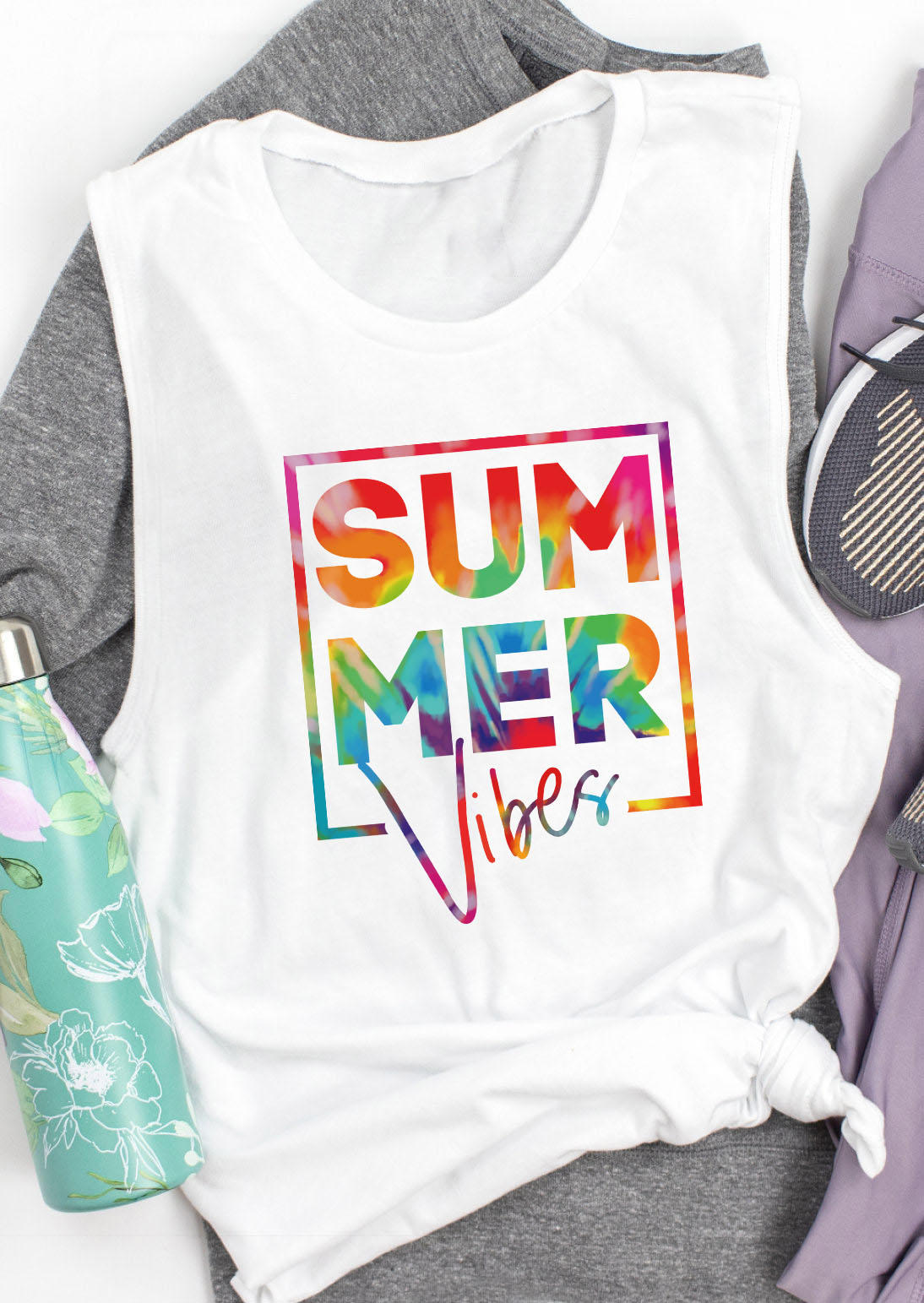 

Tank Tops Tie Dye Summer Vibes O-Neck Casual Tank Top in White. Size
